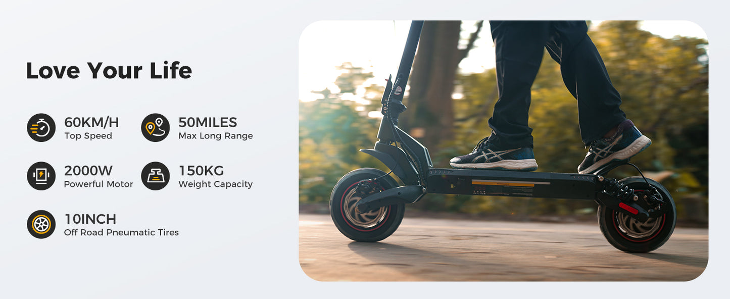 iScooter iX7 Pro 38MPH 2000w Dual Motor Multi-Purpose Electric Scooter with 50 mile range, 10 inch pneumatic tires and 150kg weight capacity.