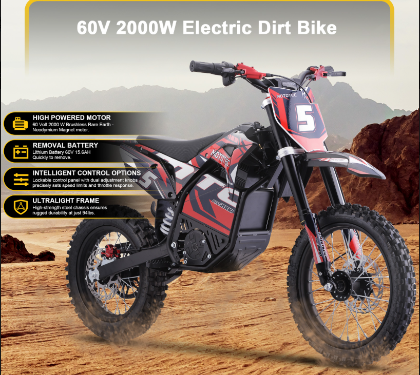 MotoTec Pro 40MPH (60V) 2000w Lithium Electric Dirt Bike