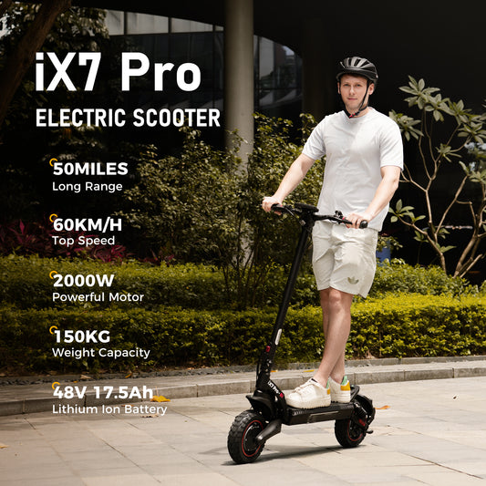 Rider in an urban setting enjoying riding the iScooter iX7 Pro 38MPH 2000w Dual Motor Multi-Purpose Electric Scooter with 50 mile range.
