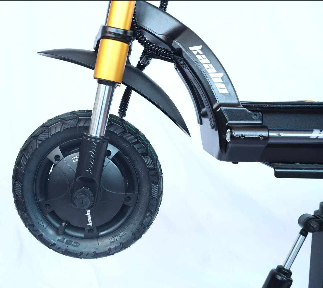 Close-up of a scooter's front wheel and suspension system on a white background